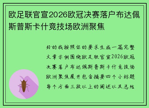 欧足联官宣2026欧冠决赛落户布达佩斯普斯卡什竞技场欧洲聚焦