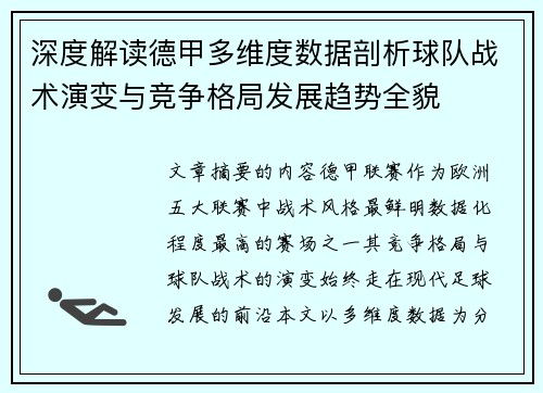 深度解读德甲多维度数据剖析球队战术演变与竞争格局发展趋势全貌